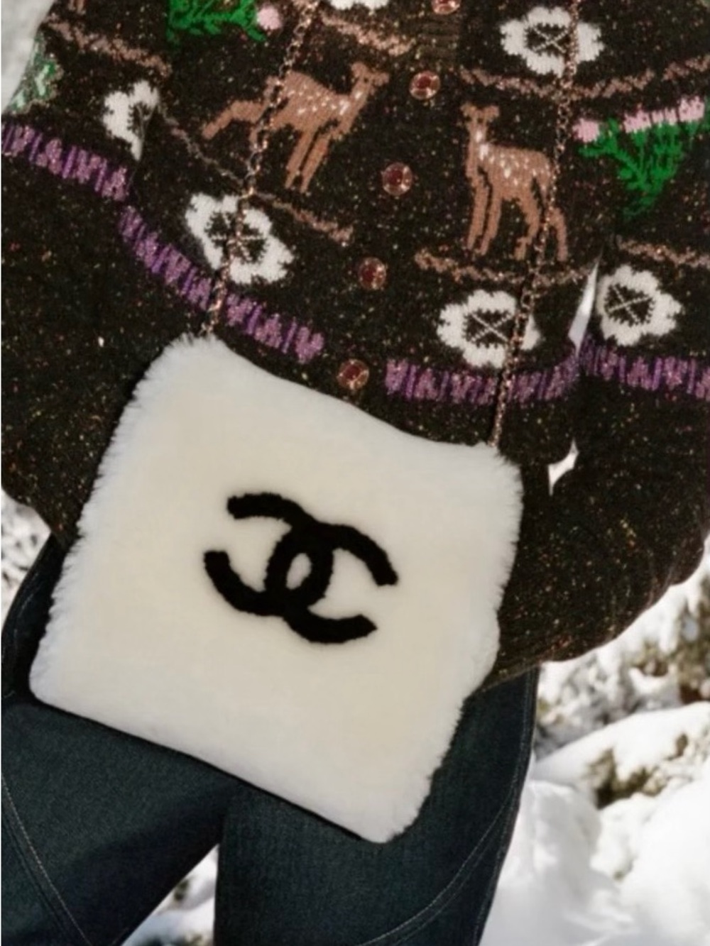 Double C Neige Collection Logo White and Black Faux Fur Muff Hand Warmer Bag